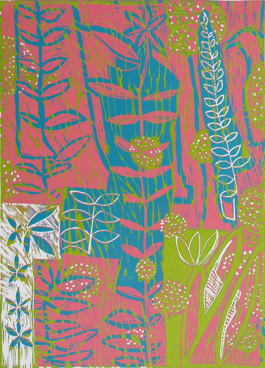 Sylvia Dallmann: Paradiesgärtlein. 2018, Farblinolschnitt/ verlorene Platte