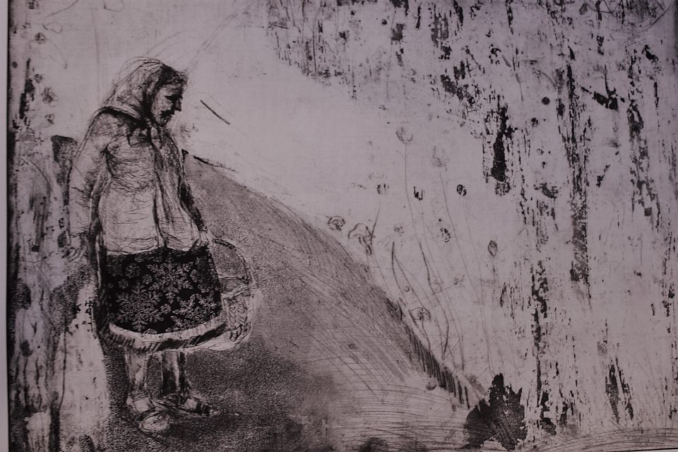 Cornelia Kestner: Herbststück. Aquatinta/ Aussprengung/ Strichätzung und Chine-colle