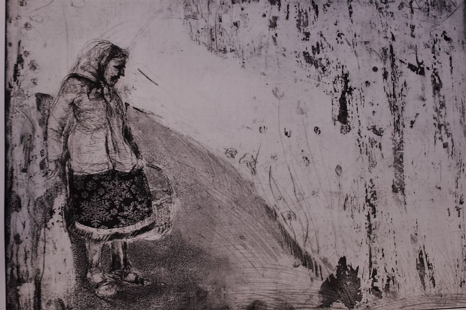 Cornelia Kestner: Herbststück. Aquatinta/ Aussprengung/ Strichätzung und Chine-colle