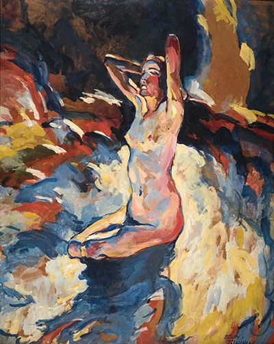 Egon Tschirch: Sitzender Akt im Gegenlicht, 1921, Mischtechnik (Leihgabe Kunsthalle Rostock)