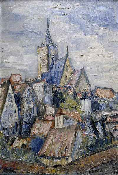 Bruno Gimpel: Rostocker Altstadt mit Nikolaikirche, o.J., Öl auf Pappe (Leihgabe aus Privatbesitz)