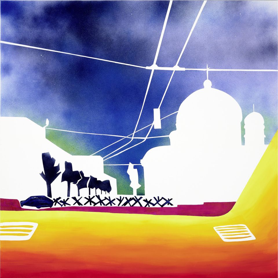 Daria Gabruk: Ein Krieg, der die Menschen zwang, ihre Heimat zu verlassen.  2022,  Acryl auf Leinwand