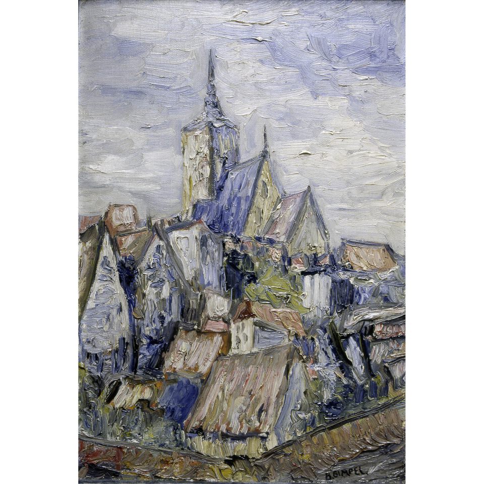 Bruno Gimpel: Rostocker Altstadt mit Nikolai-Kirche. o. J., Öl auf Pappe (Privatbesitz)