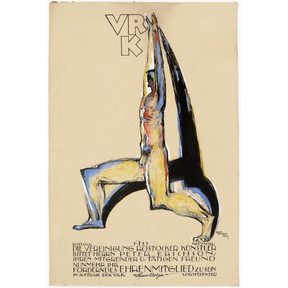Egon Tschirch: Plakatartige Komposition V.R.K. 1921, Tusche und Tempera (Leihgabe Kulturhistorisches Museum Rostock)
