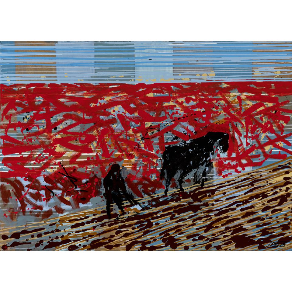 Matthias Wegehaupt: Pflüger nach der Katastrophe. 2025, Acryl und Öl auf Leinwand