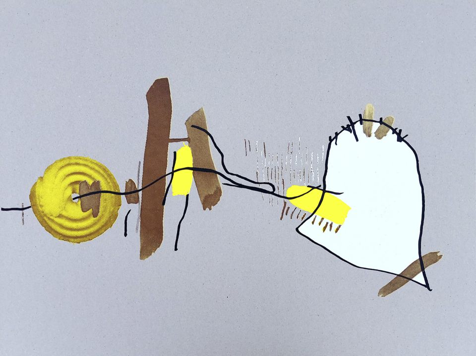 Felix Fugenzahn: Schnell hinüber!. 2021, Siebdruck auf Graupappe, Aufl.: 5, 80 x 60 cm