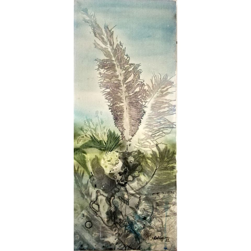 Monika Ortmann: Federn lassen. Materialdruck auf Leinwand, 1982, 25cm x 60cm