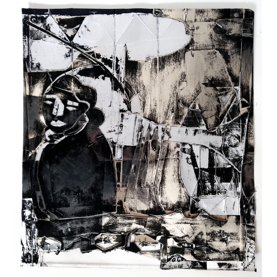 Boris Duhm: Horrors of War XIII (Dispaced Woman with Child). Druckvorlage, geklammerte Tetra Verpackungen, 2022, 41,5 x 37,0 cm