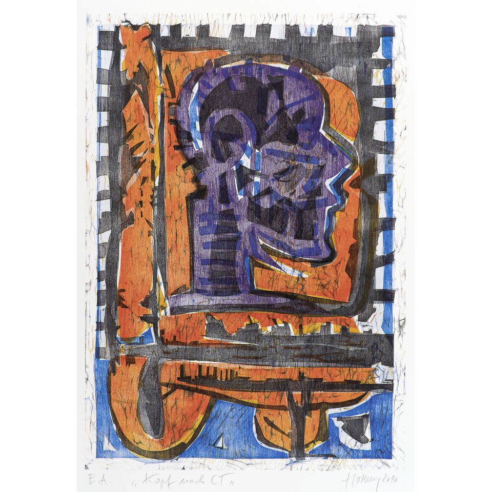 Hartmut Hornung: Kopf nach C.T., Farbholzschnitt, 2010, 60 x 42 cm