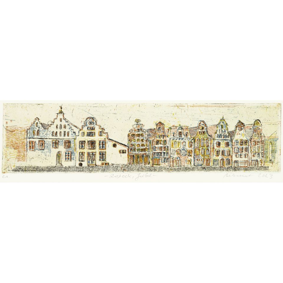 Falko Behrendt: Rostock, Giebel. 2023, Farbradierung, 10x40 cm