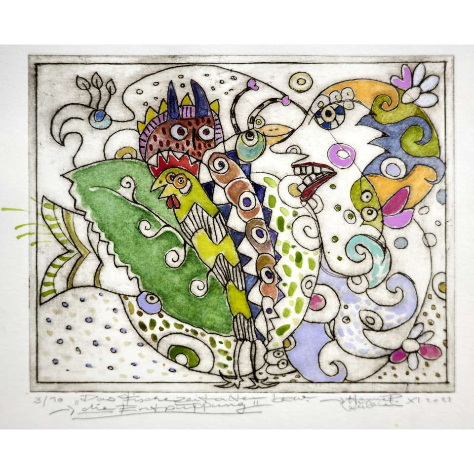 Hanne-Petra Rubin-Bakar: Das Fischezeitalter oder die Entpuppung. Kaltnadelradierung, Aquarell, 2021, 15x20 cm