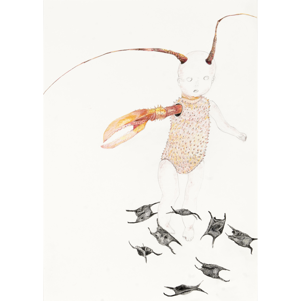 Petra Steeger: Brütling mit Krebs. Bleistift und Buntstift auf Papier, 2021, 42x60 cm