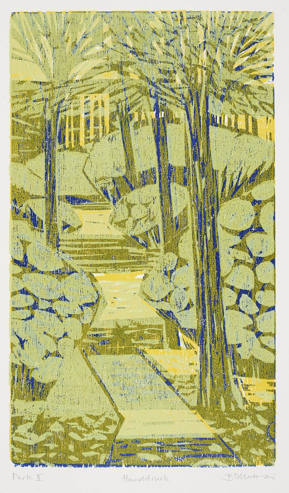 Britta Matthies | Park II (grün) | Farbholzschnitt | Jahr unbekannt | 30,5 x 17,8 cm