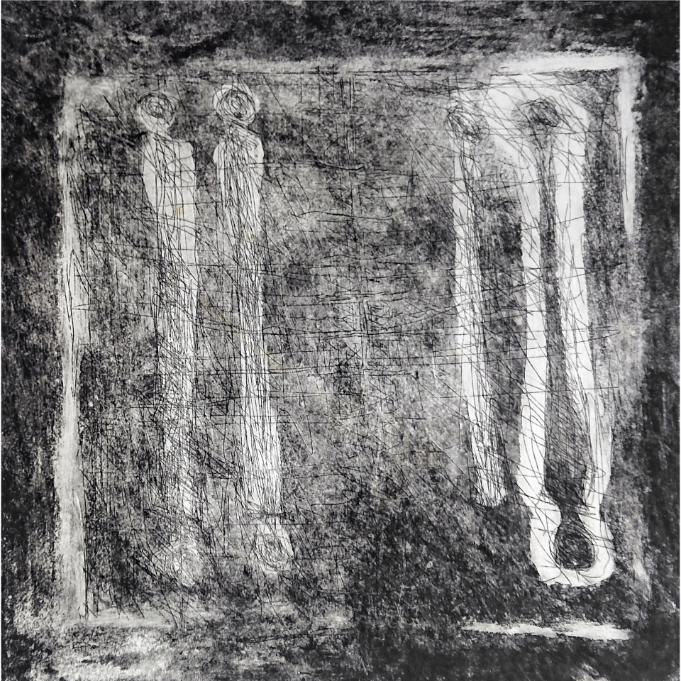 Angela Preusz: Bebu-quin. Illustration zu Carl Einstein’s Roman Bebuquin, Aquatinta/ Kaltnadelradierung, 1/25, 1995, 40 x 40 cm