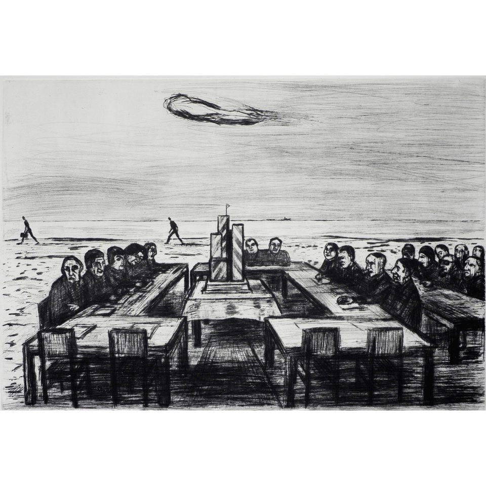 Wilfried Schröder: Der große Entwurf. Kaltnadelradierung, 1984, 33,5 x 48,8 cm