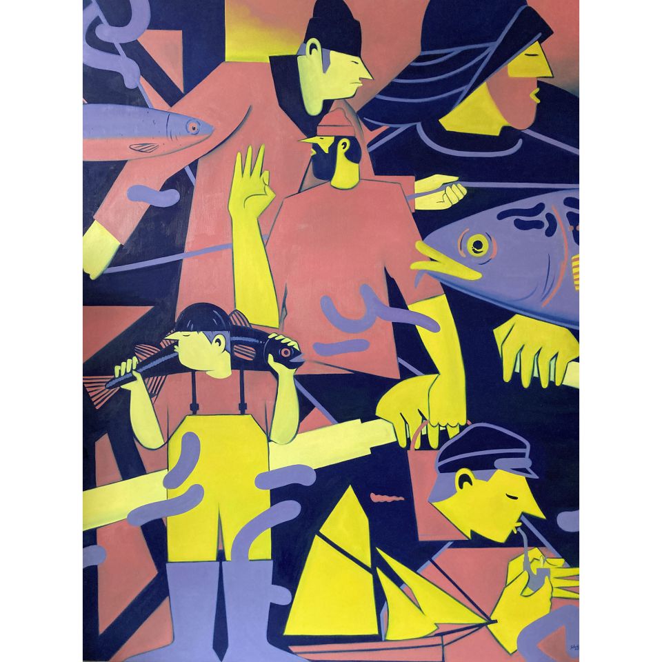 Sebastian Volgmann, Am Hafen. Öl auf Leinen, 130x150 cm