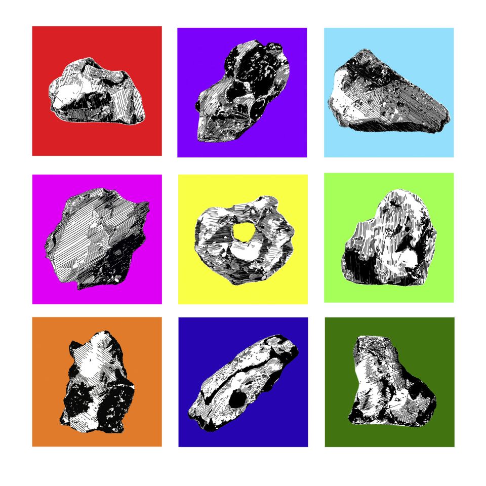 Felix Fugenzahn, Meine Steine. 2024, Siebdruck auf foliertem Plexiglas, Installation aus neun Lichtkästen