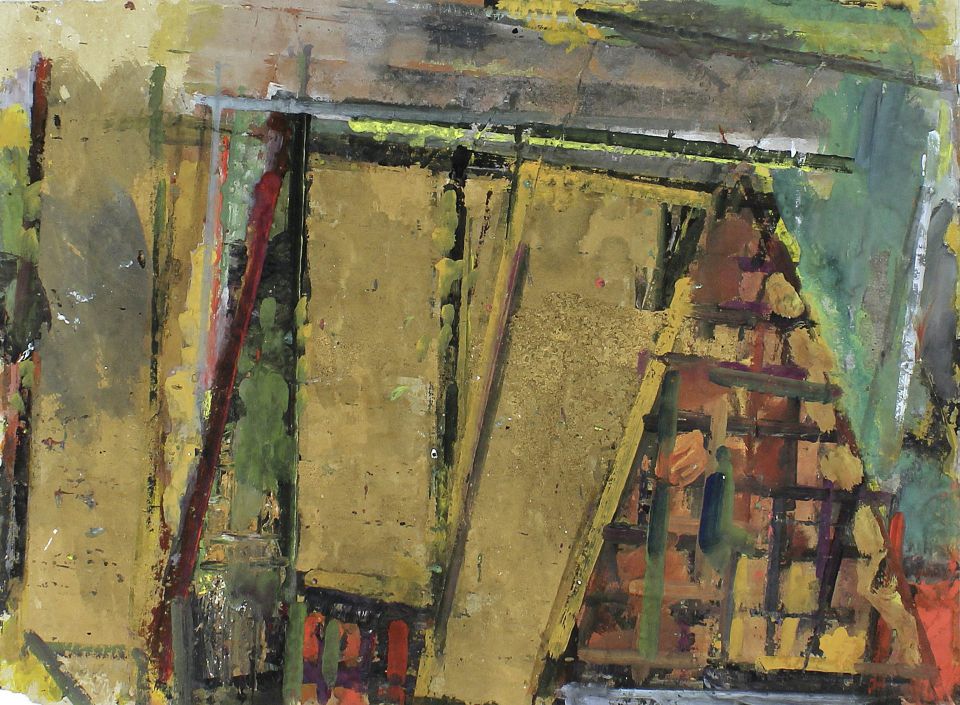 Johannes Müller: Gotischer Speicher Rostock. Gouache, Pigment, Kohle, 1990