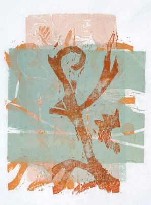 Anneliese Hoge: Mädchen vor nächtlichem Hintergrund. 2009, Holzschnitt, Aquarellfarbe, 100 x 38 cm