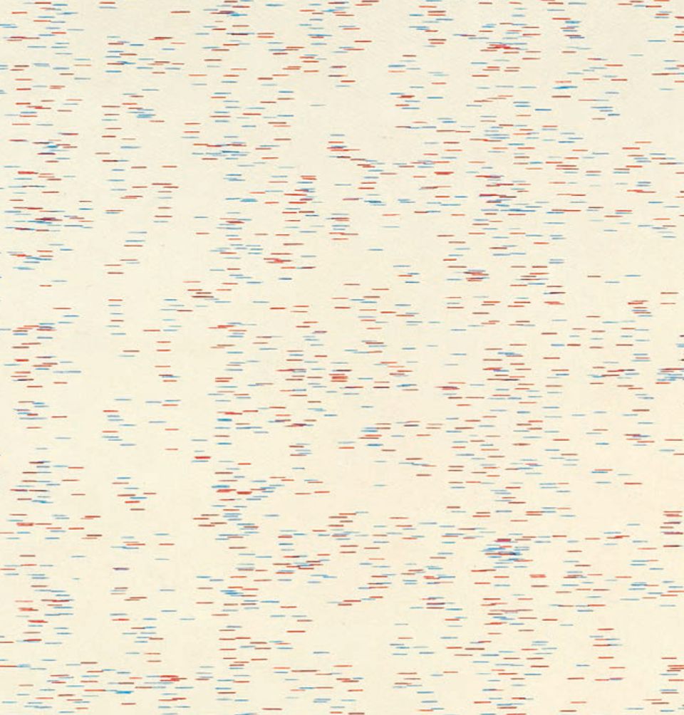 Iris Thürmer: Rot + Blau. 2014, Farbstift auf Bütten, ca. 56 x 76 cm