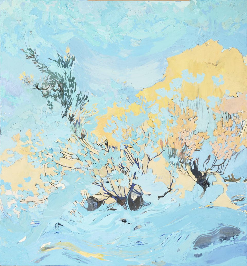 Karen Clasen, Blütenmeer, Öl/Acryl/Linoldruckfarbe und Tusche auf Leinwand, 2020, 140x30 cm