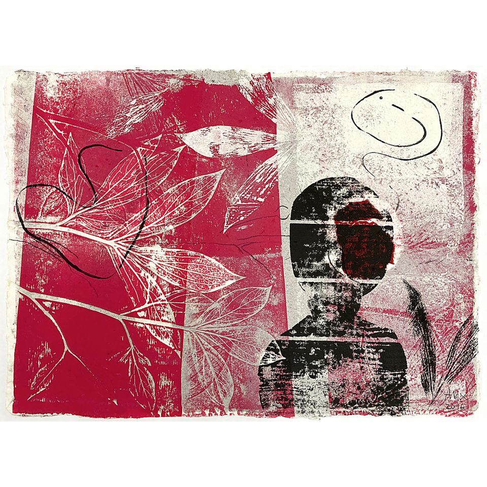 Anke Meixner: Frühlingsgefühle. Materialdruck, Prägung, handgeschöpftes Papier, 2016, 30 x 42 cm