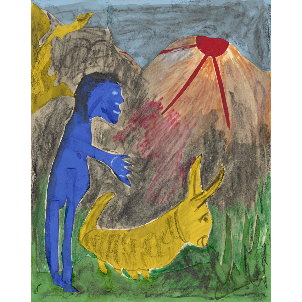 Kate Diehn Bitt, oT (Mann mit gelben Fabeltier) . 1973, Collage