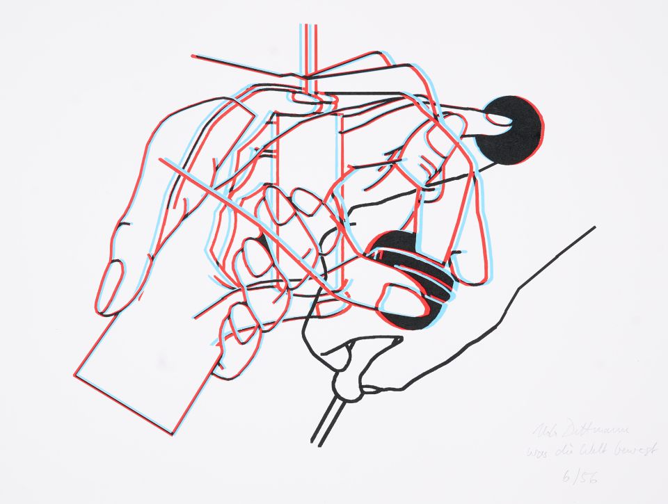 Kleines Kabinett - Udo Dettmann: Was die Welt bewegt, Siebdruck, 3farbig, 6/56 (inkl. 3D Brille), 2015, 43x61 cm (55,00 €)