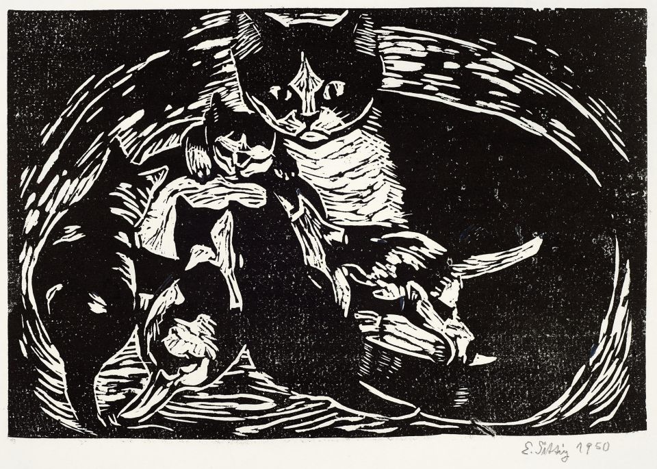 Elisabeth Sittig | Katze mit Kitten | Holzschnitt | 1950 | 23 x 34,5 cm