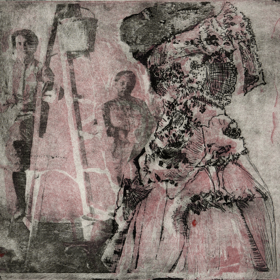 Petra Steeger: Brautkleid bleibt Brautkleid. überarbeitete Fotoradierung, 2farbig, 2021, 21 x 23,5 cm