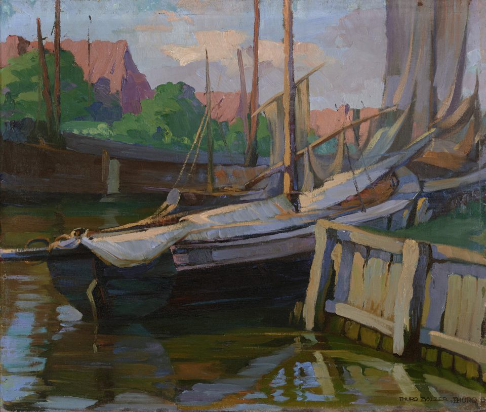 Thuro Balzer: Boddenhafen Wustrow. Öl auf Leinwand, o.J. (Leihgabe: Christa und Herbert Kempf, Falkensee)