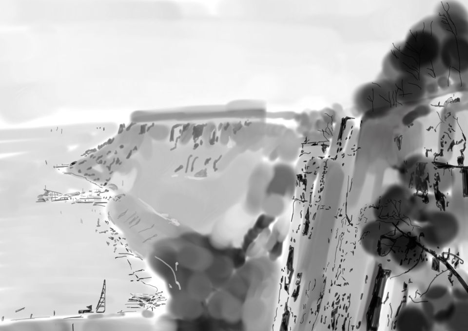 Matthias Dettmann: Blick von den Palisaden auf den Hudson River (1920er Jahre), iPad-Zeichnung, 2023